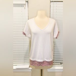 Morgan Taylor V-Neck Mixed Media Layered Top - Size M, White and Red